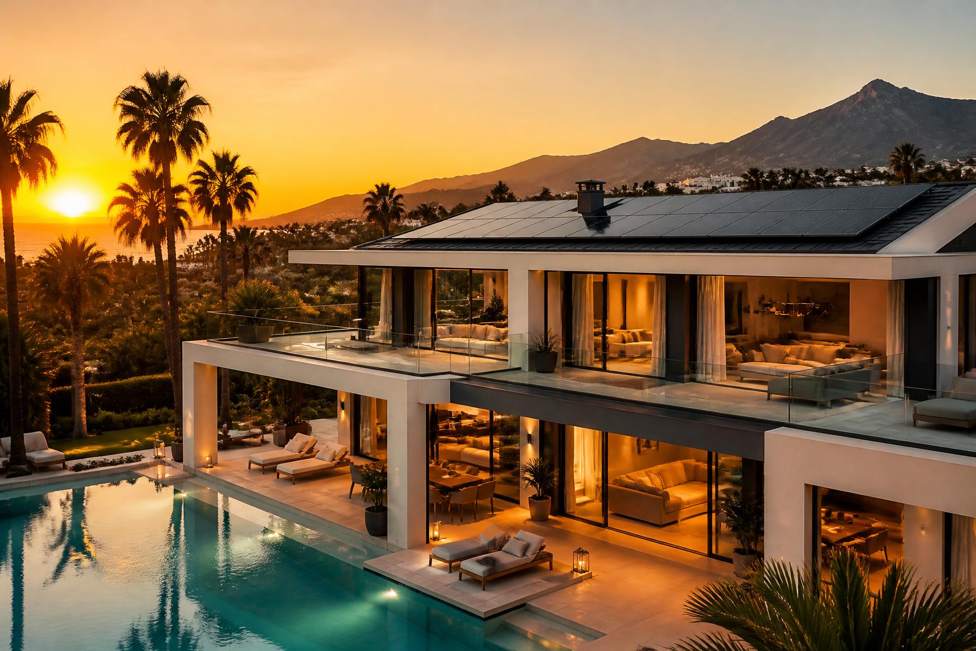Modern villa i Marbella med solceller vid solnedgång